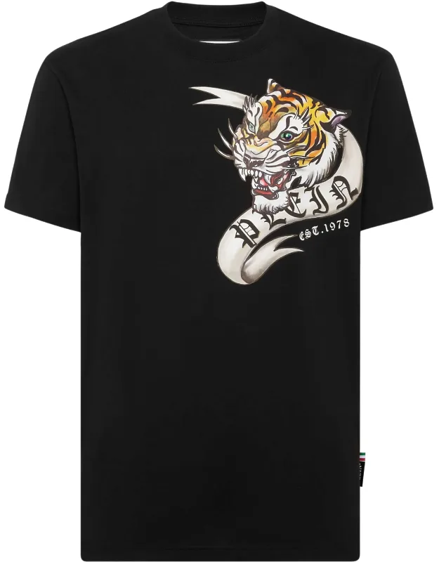 T-shirt Round Neck Ss With Tattoo Pattern Prints And Rib Knit Neckline