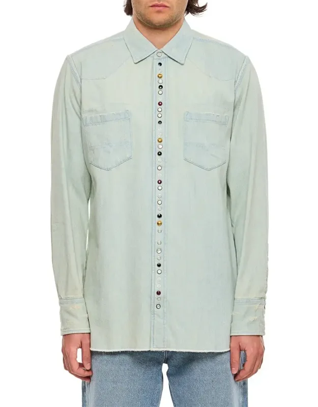 Light Faded Denim Striped Cotton Oxford Shirt