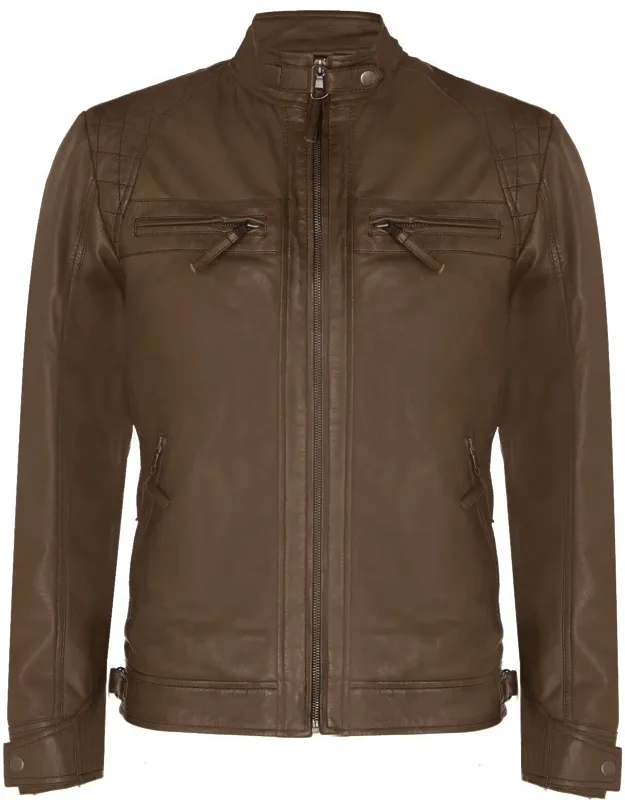 Zipped Leather Racing Quilted Biker Jacket With Adjustable Waist And Buttoned Cuffs