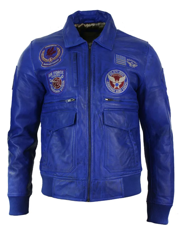 Leather Bomber Jacket With Air Force Badge Design And Elasticated Cuff
