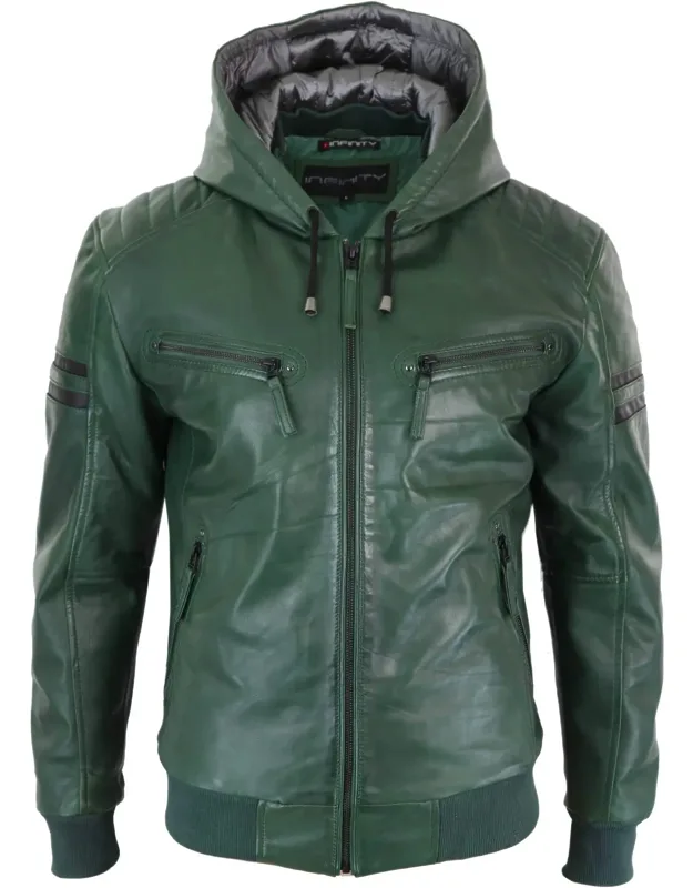 Hooded Leather Bomber Jacket
