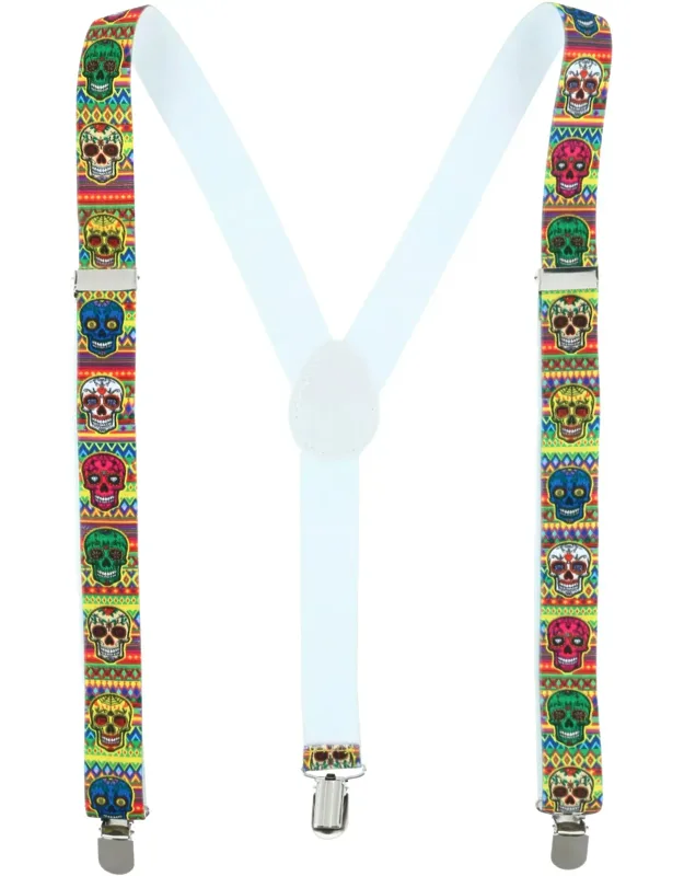 Day Of The Dead Skull Print Clip-end Suspenders