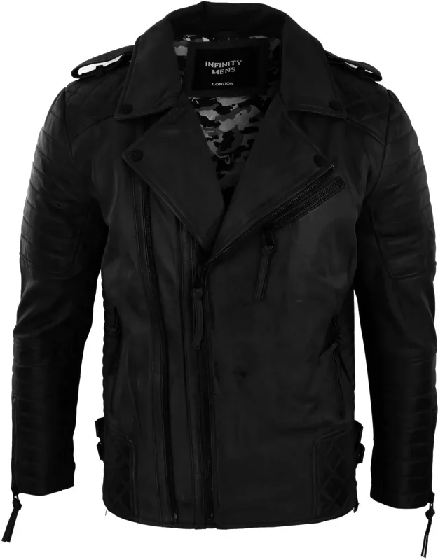 Cross Zip Biker Jacket With Tailored Fit Style & Vintage Washed Leather