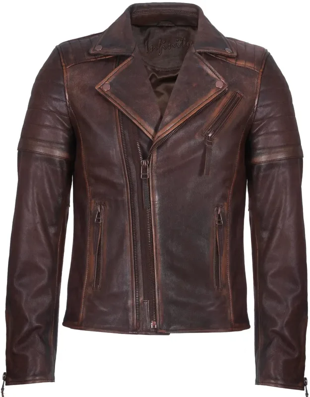 Slim Fit Brando Style Cross Zip Leather Biker Jacket