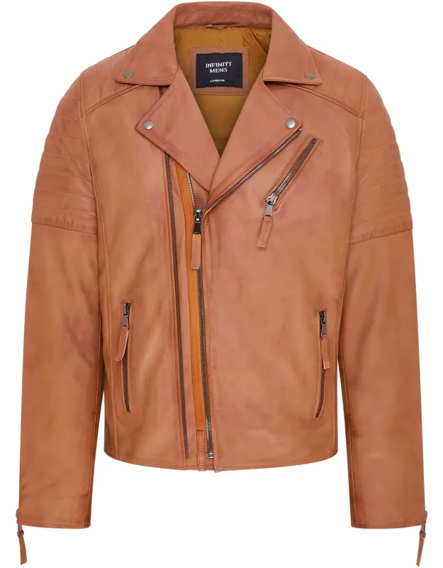 Brando Double Cross Zip Leather Biker Jacket- Fagernes With Slanted Zip Breast Pocket And Double Zip Front