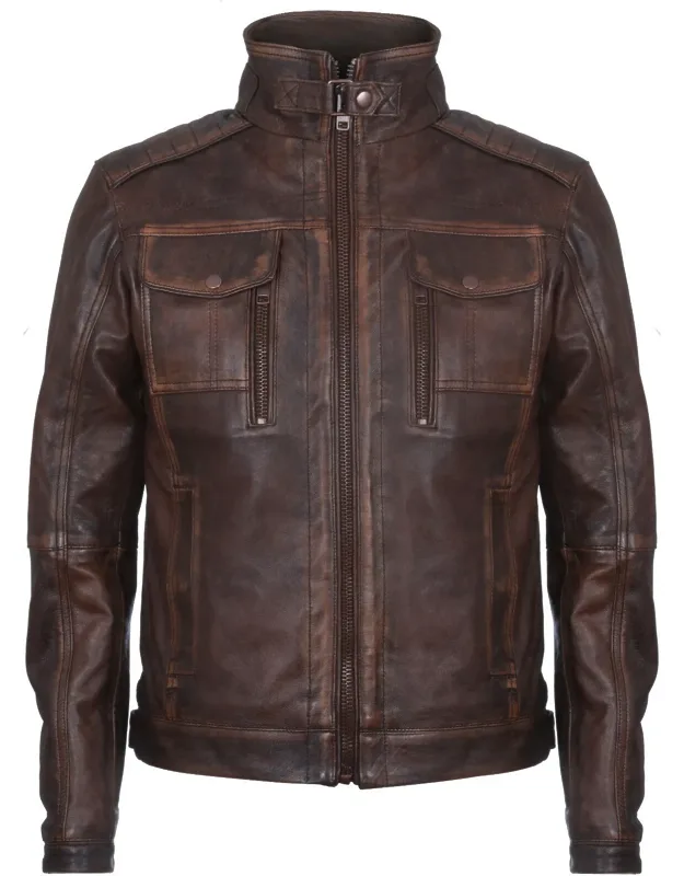 Vintage Leather Biker Distressed Motorcycle Jacket