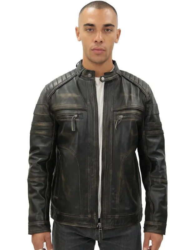 Vintage Black Leather Biker Jacket-naples With Stylish Short Tab Collar And Adjustable Waist