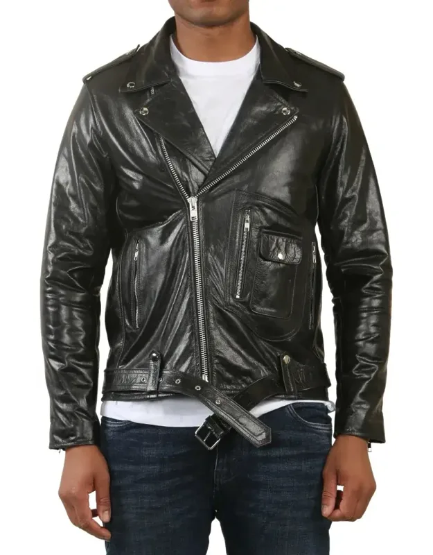 Cow Hide Biker Brando Cross Zip Leather Jacket