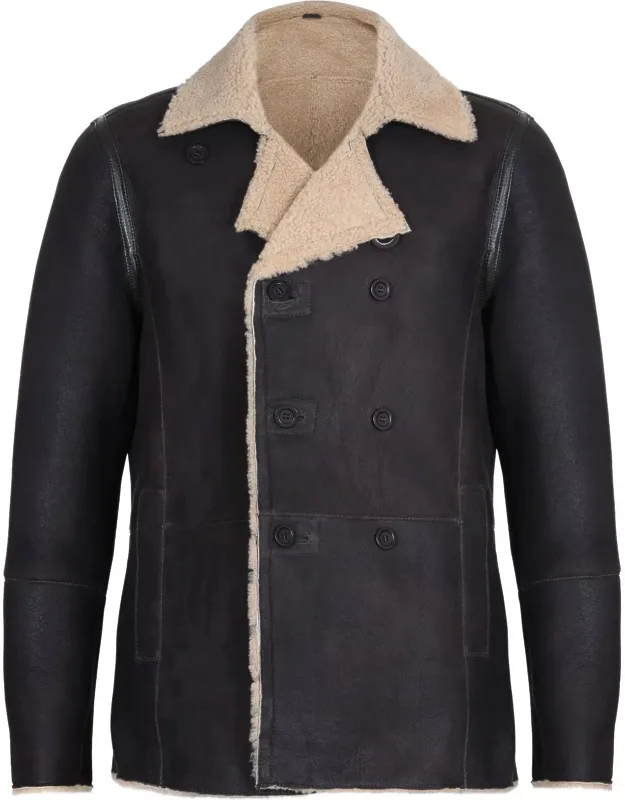 Double Breasted Shearling Pea Coat With Thick Lining And Hand Warmer Pockets