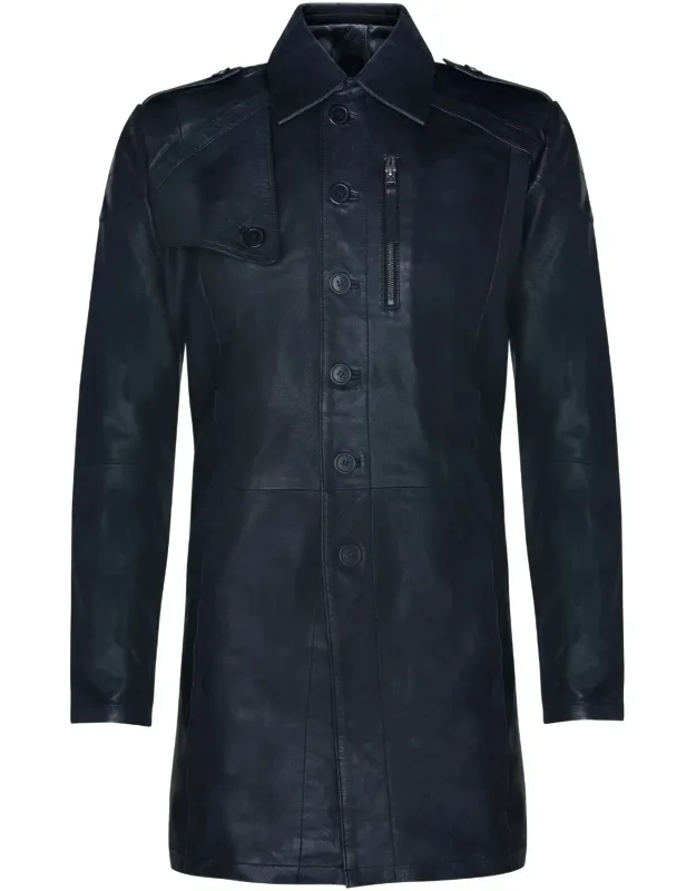 Soft Long Military Trench Distressed Leather Coat