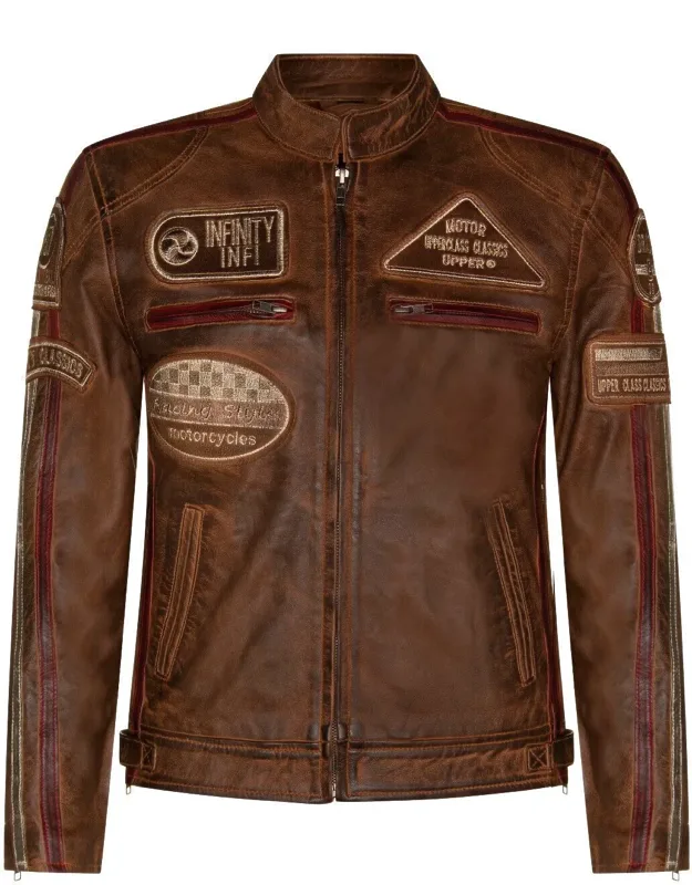 Portland Racing Leather Biker Jacket With Embroidered Badges And Racing Stripes