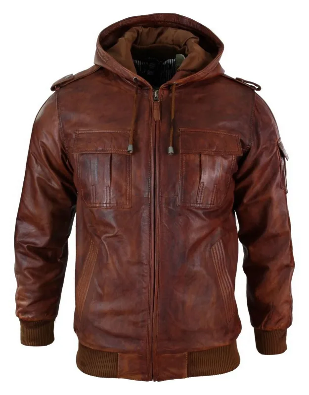 Leather Hooded Bomber Jacket