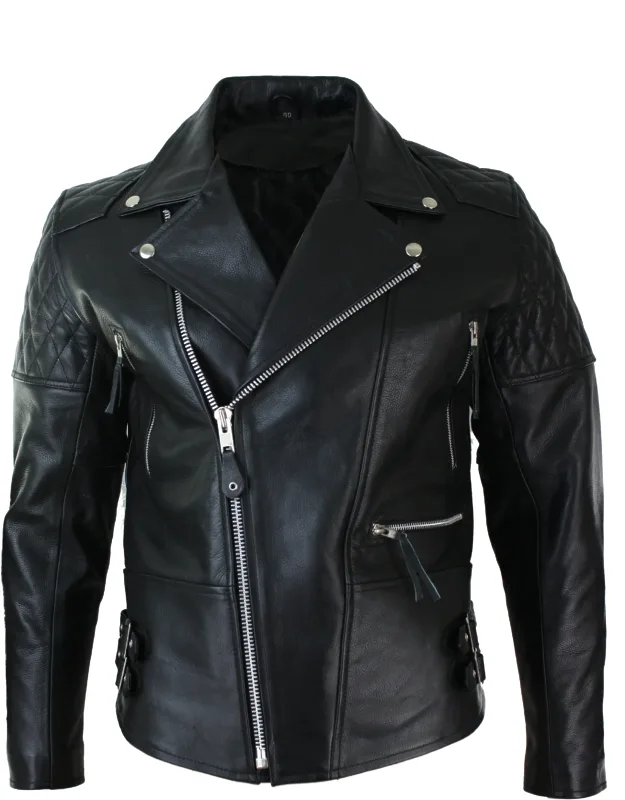 Cross Zip Cowhide Padded Biker Jacket