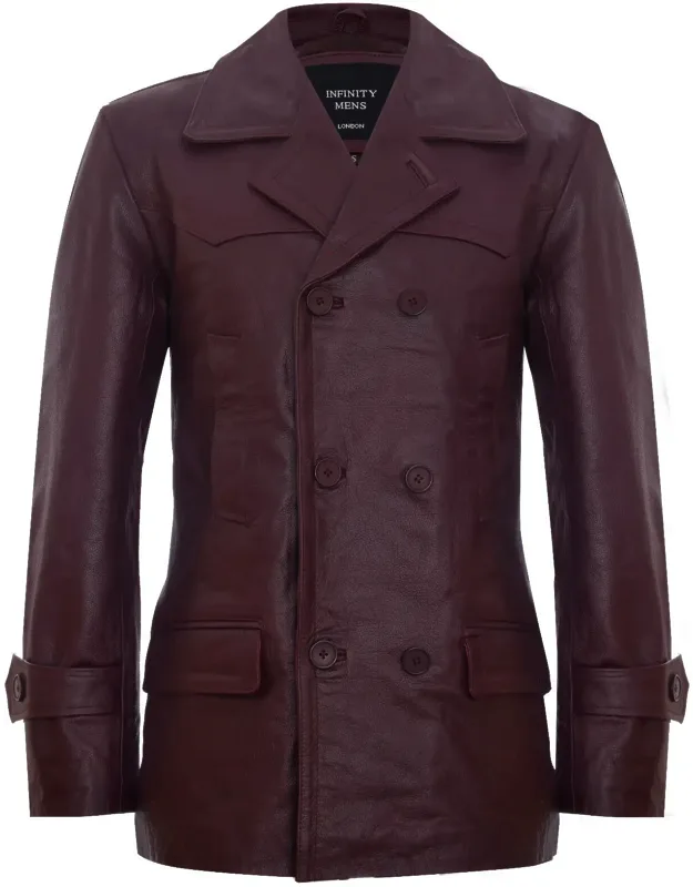 Cowhide Naval Pea Coat Leather Jacket