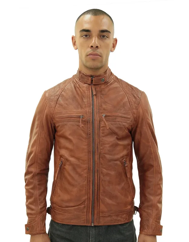 Vintage Leather Quilted Biker Jacket With Adjustable Waist And Zip Pockets