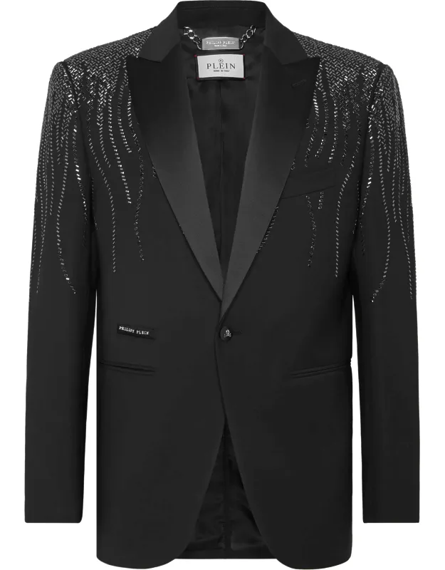 Wool Blazer Fit With Bugle Beads And Silk Peak Lapel