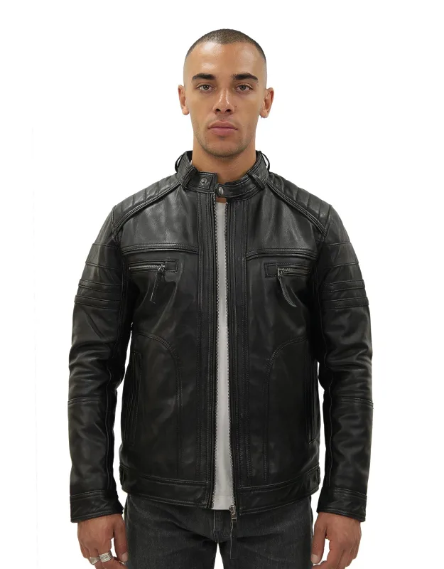 Vintage Black Leather Biker Jacket With Adjustable Waist And Zipped Pockets