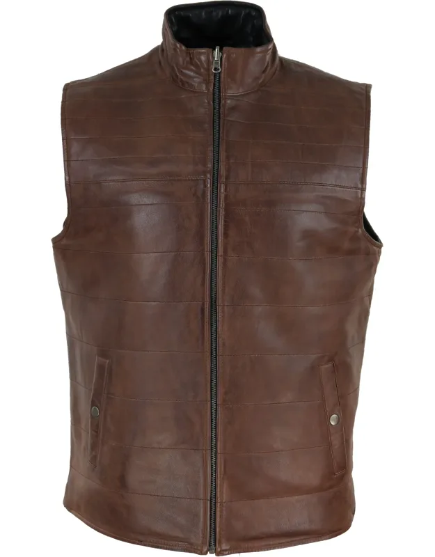 Japanese Style Leather Waistcoat Gilet With Contrasting Patch Design And Vintage Tailored Fit