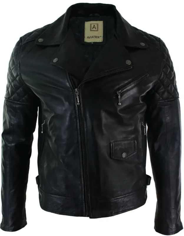 Vintage Leather Biker Jacket With Diamond Quilt Design And Adjustable Belted Buckle