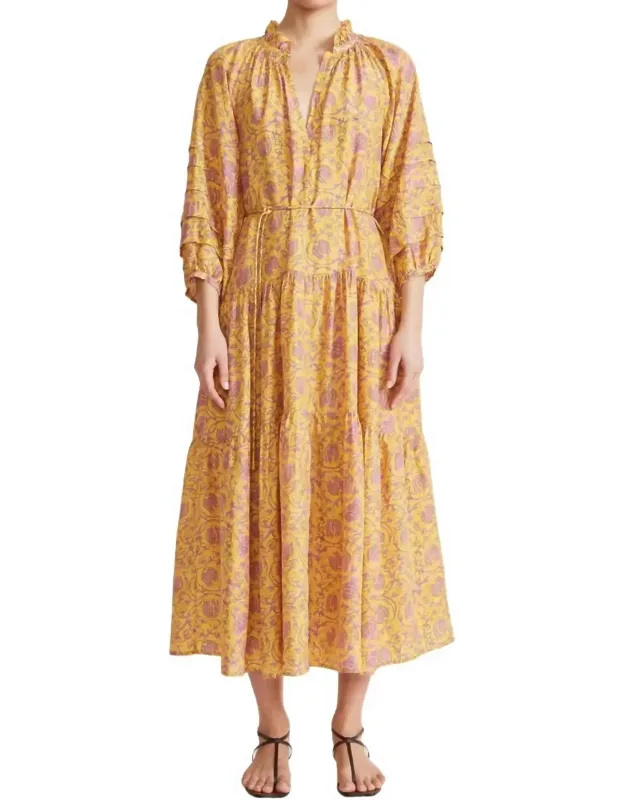 Trinidad Maxi Dress In Floral With Ruffle Neck And Removable Belt