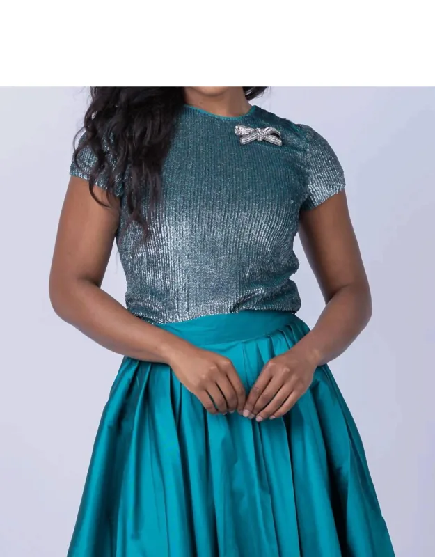 Sequin Crew Neck Tee With Crystal Bow Broach