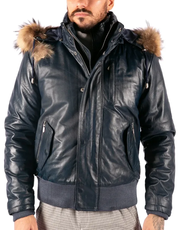 Hooded Bomber Puffer Leather Jacket