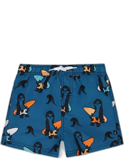 Printed Swim Trunks Sloths On Blue With Upf 50+ Protection