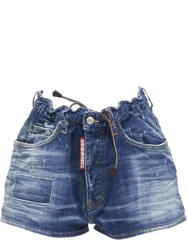 Logo Tag Drawstring Paperbag Bloomer Denim Shorts