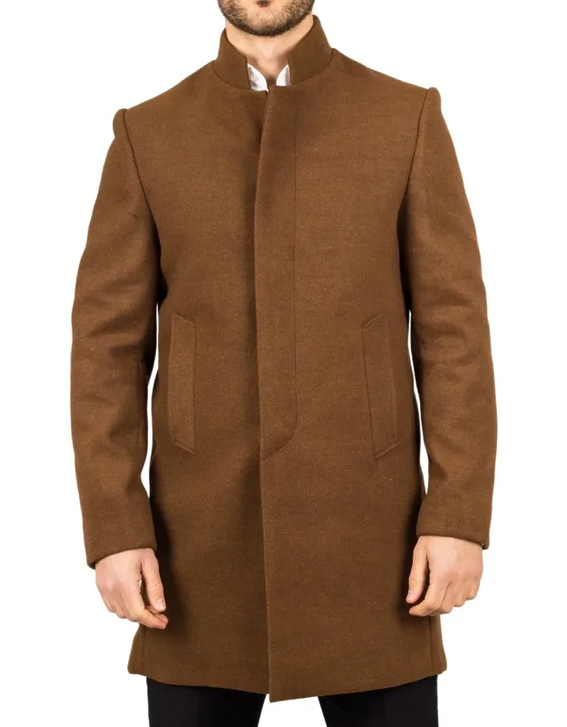 Stand Collar Wool Blend Overcoat With Tailored Fit And Discreet Button Closure