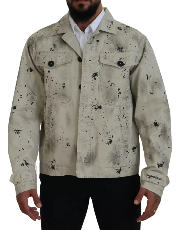 Splash Print Casual Jacket - Off White With Black Color Splash Print, Full Button Closure