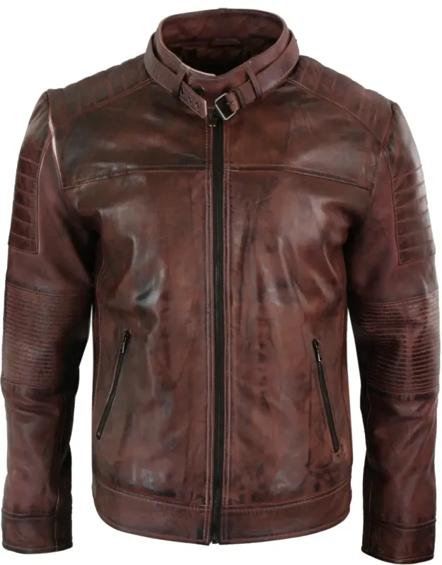 _cross Zip Biker Racer Jacket With Quilted Design Sleeves & Grandad Collar_