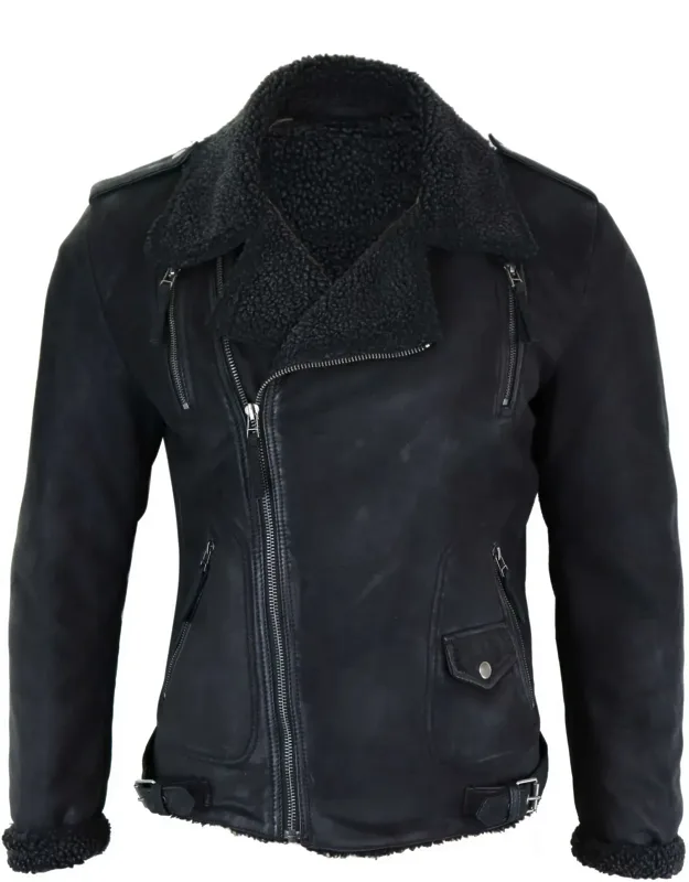 Cross Zip Leather Biker Jacket