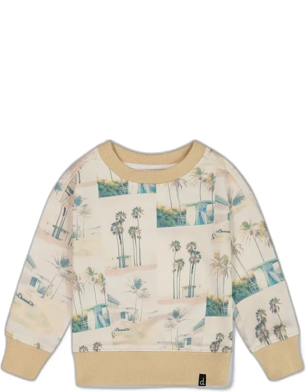 Printed Pullover Sweatshirt Palm Tree With Long Sleeves And Crew Neckline