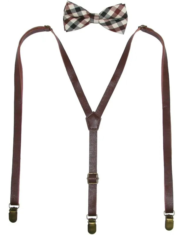 Plaid Bow Tie With Faux Leather Suspender Set