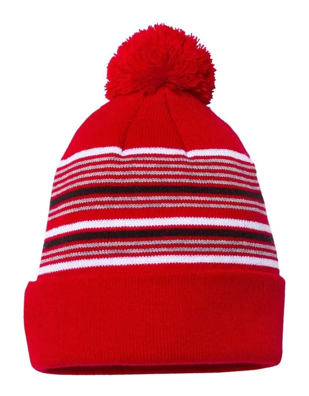 12 Striped Pom-pom Knit Beanie, 100% Acrylic, 12" Knit