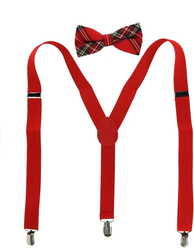 Plaid Print Bow Tie With Solid Suspender Set