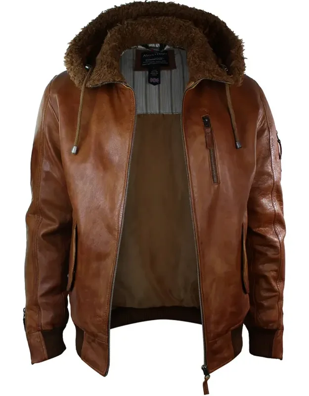 Leather Hooded Bomber Jacket With Detachable Hood And Pockets