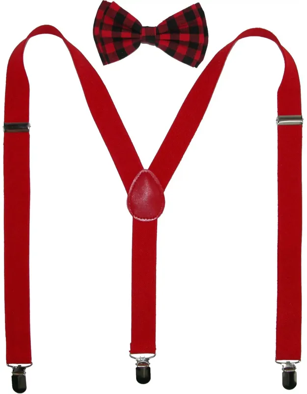 Buffalo Plaid Bow Tie With Solid Suspender Set