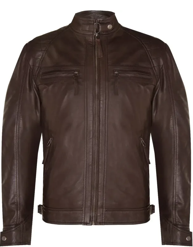 Zipped Leather Racing Jacket With Quilted Shoulders And Adjustable Waist