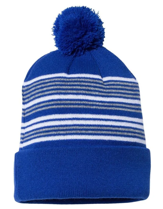 12 Striped Pom-pom Knit Beanie, 100% Acrylic, 12" Knit