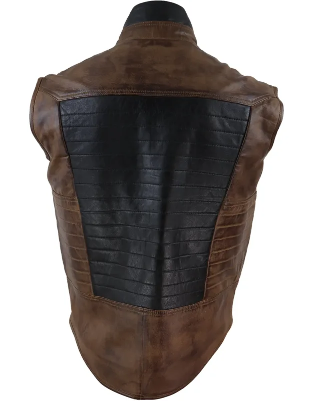 Japanese Style Leather Waistcoat Gilet With Contrasting Patch Design And Vintage Tailored Fit