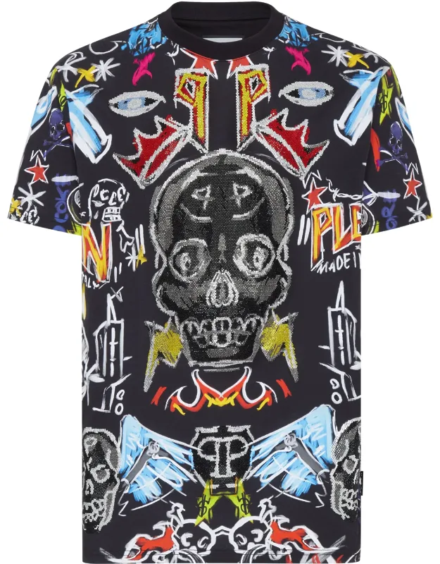 T-shirt Round Neck Ss With Print Shimmering With Rhinestone Applications And Saffian Leather Patch