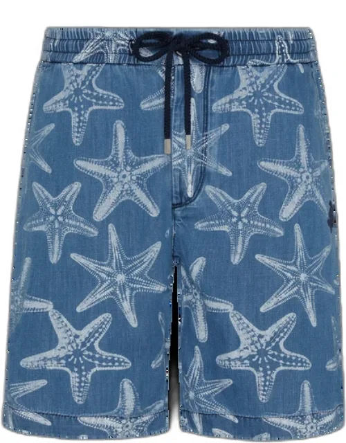 Vilebrequin Denim Bermuda Shorts Starfish Light Printed - Levant - Blue With Zipper Fly And Elastic Waistband