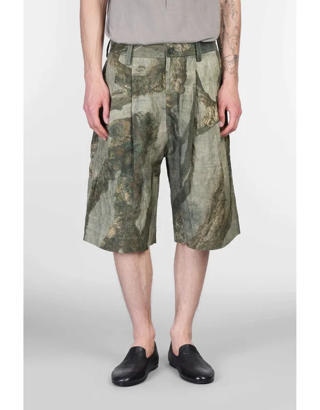 Shorts In Chanvre, Zip And Button Closure, Waist Belt Loops, Pence, Welt Pockets, Two Buttoned Pocket At Back, Graphic Print, Wide Leg, 65% Hemp, 32% Cotton, 3% Metal Fibers