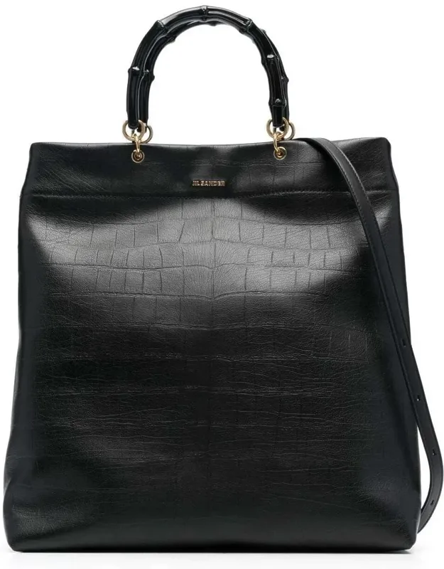 Leather Tote With Bamboo Handles And Adjustable Shoulder Strap