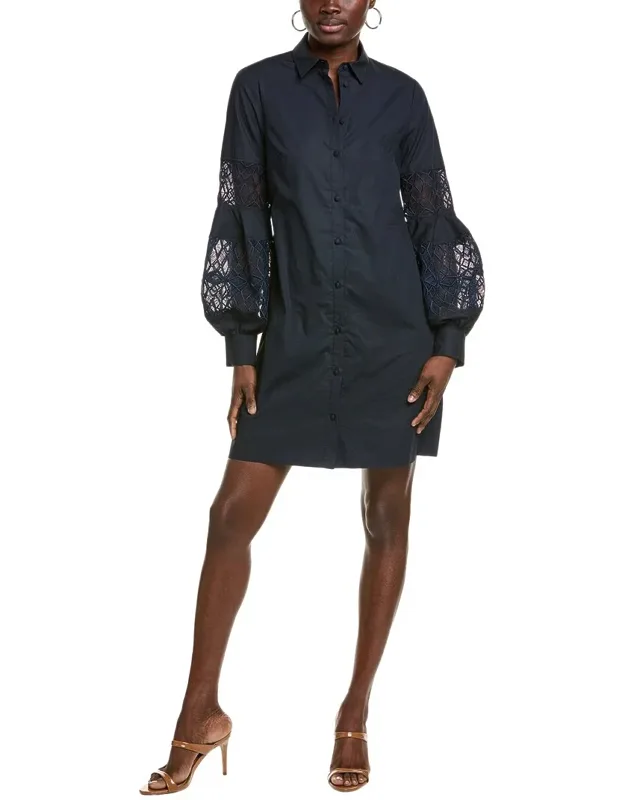 Shirt Dress With Lace Sleeve Embroidery And Button Front Detail