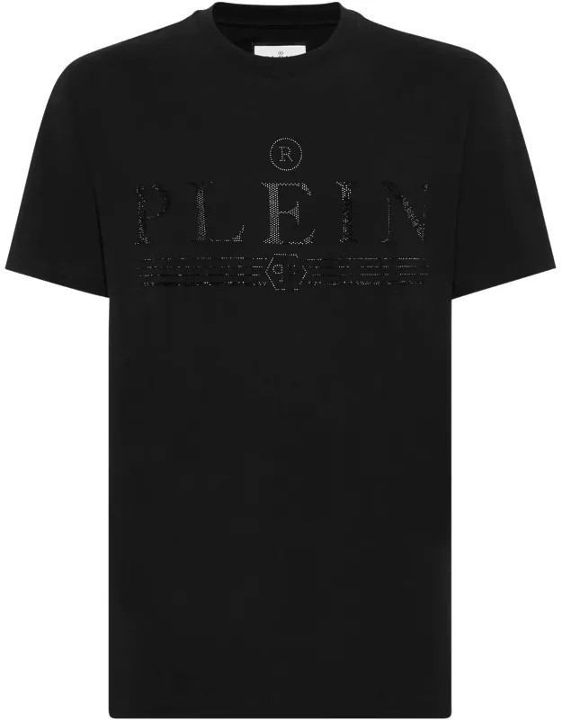 T-shirt Round Neck Ss With Bejewelled Brand Lettering And Rib Knit Neckline