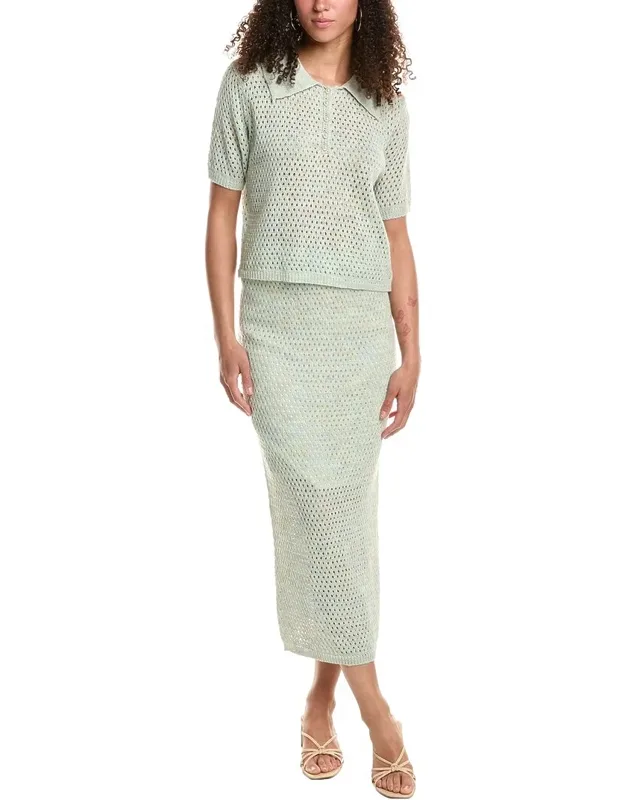 2pc Top & Skirt Set With Open Knit Design And Elasticized Waistband