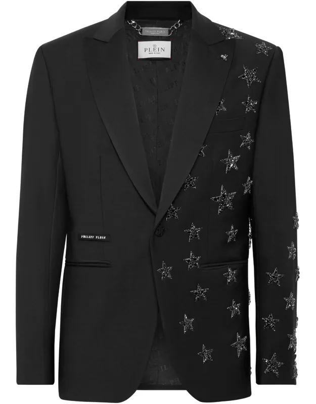 Wool Blazer Lord Fit With Satin Peak Lapel And Rhinestoned Patches