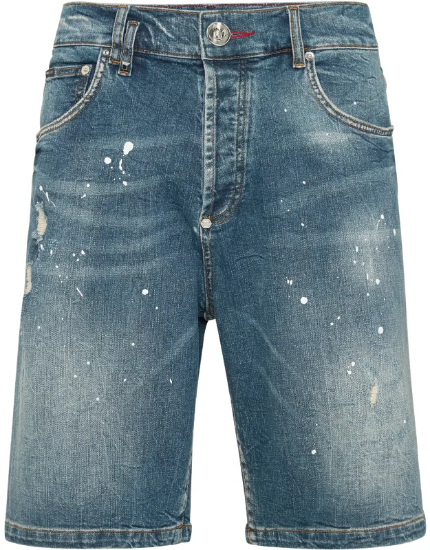 Denim Shorts Formentera With Wear-and-tear Denim And Rhinestones Decorations